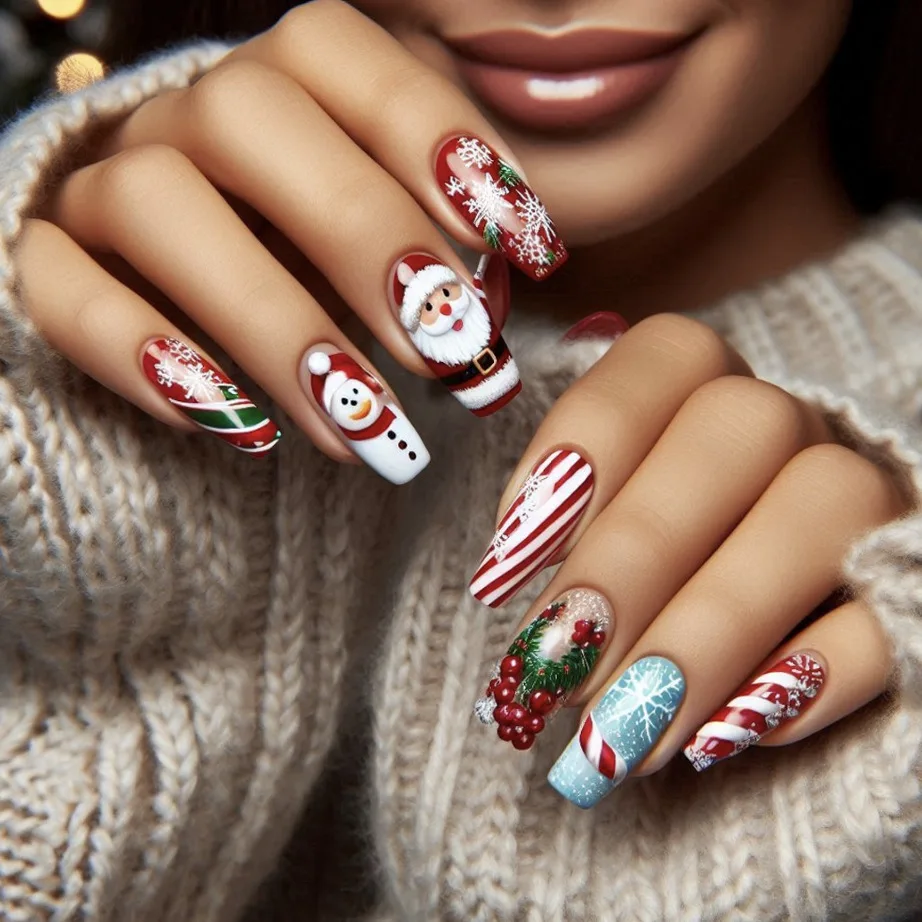 24 pièces cadeau de noël presse sur ongles hiver père noël pingouin motif faux ongles portable européen Long cercueil faux ongles conseils