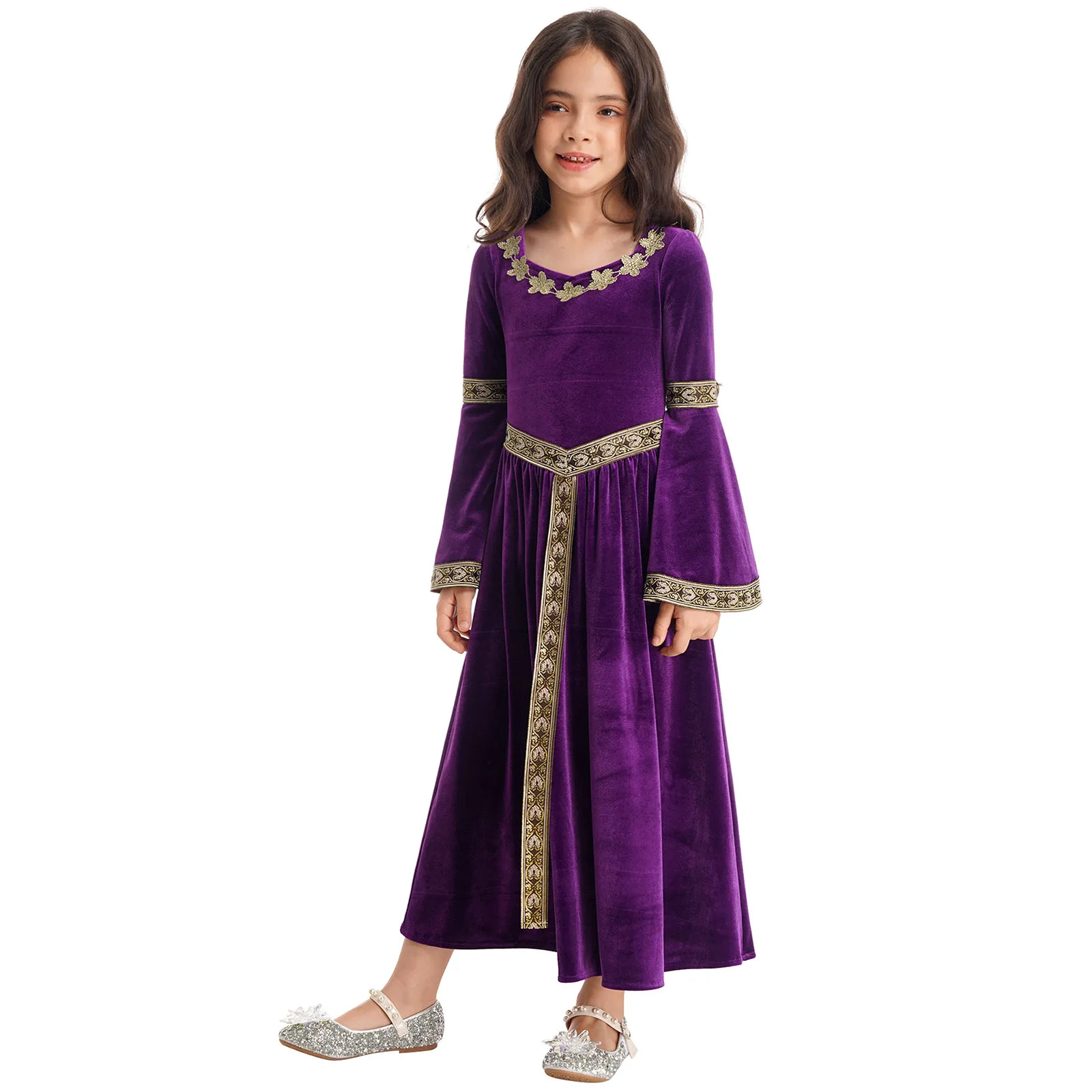 Roupas cosplay de princesa medieval para meninas, manga longa, banda retrô estampada, trajes infantis de Halloween, vestido renascentista