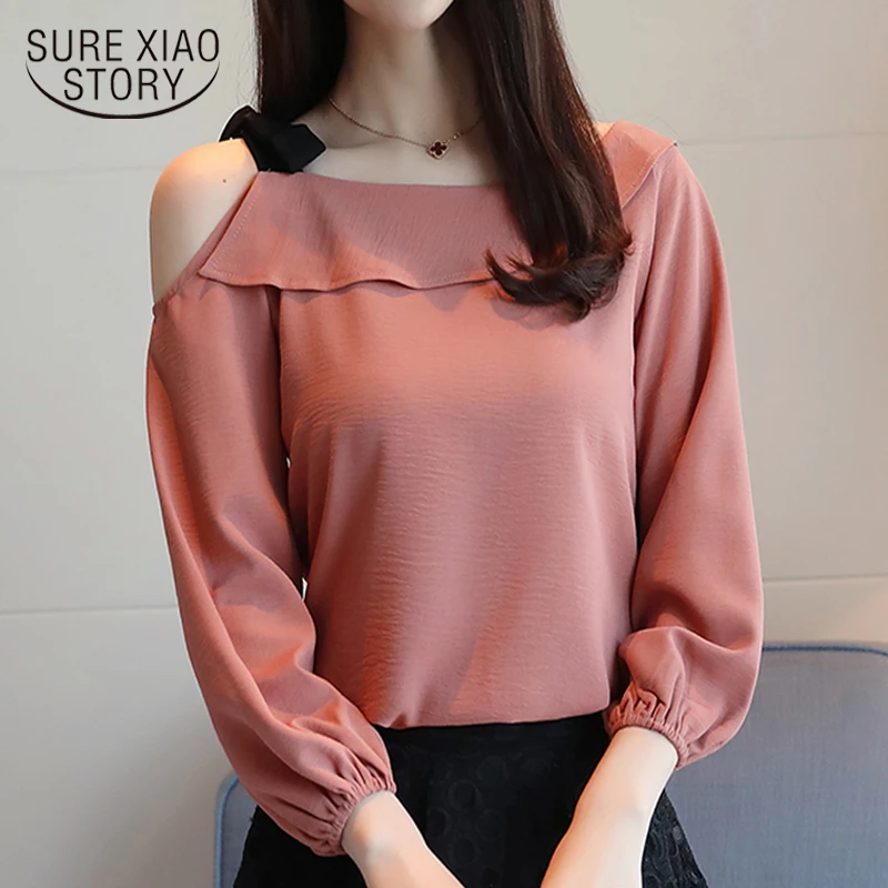 Fashion Elegant Women Blouses Autumn Korean Style Off Shoulder Pink Shirts Spring Office Lady Long Sleeve Tops D436