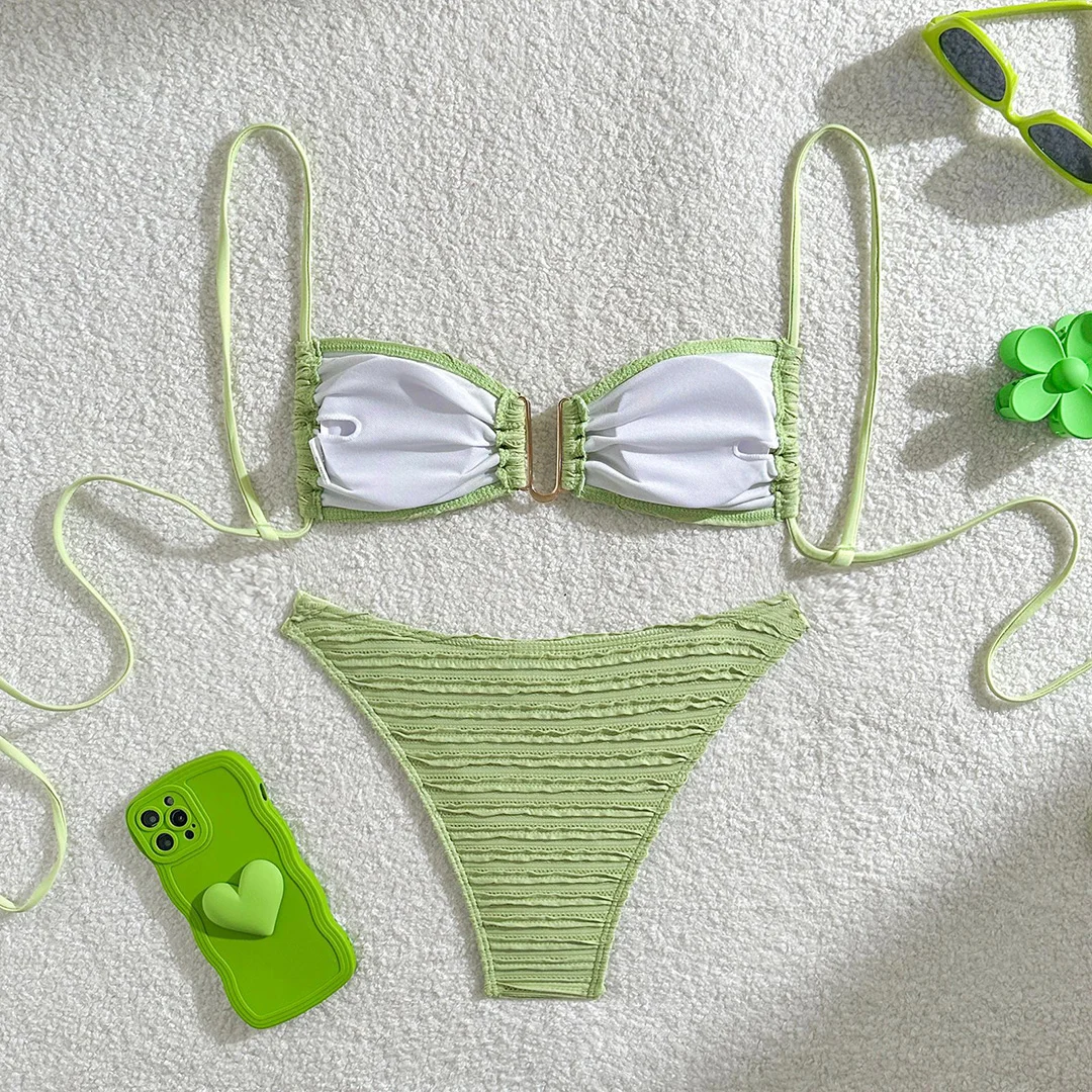 U-Ausschnitt, geraffter, geraffter Bikini, Damen-Badebekleidung, zweiteiliger Bikini-Set, hoch geschnittener Badeanzug, Badeanzug, Schwimmanzug V5708B – Detail 27