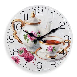 French Retro Teapot and Teacup Pattern Wooden Wall Clock for Living Room, Bedroom, Kitchen, Home Decoration, Silent Quartz Clock, Holiday Gift, 10 Inches, 12 Inches (No Battery)