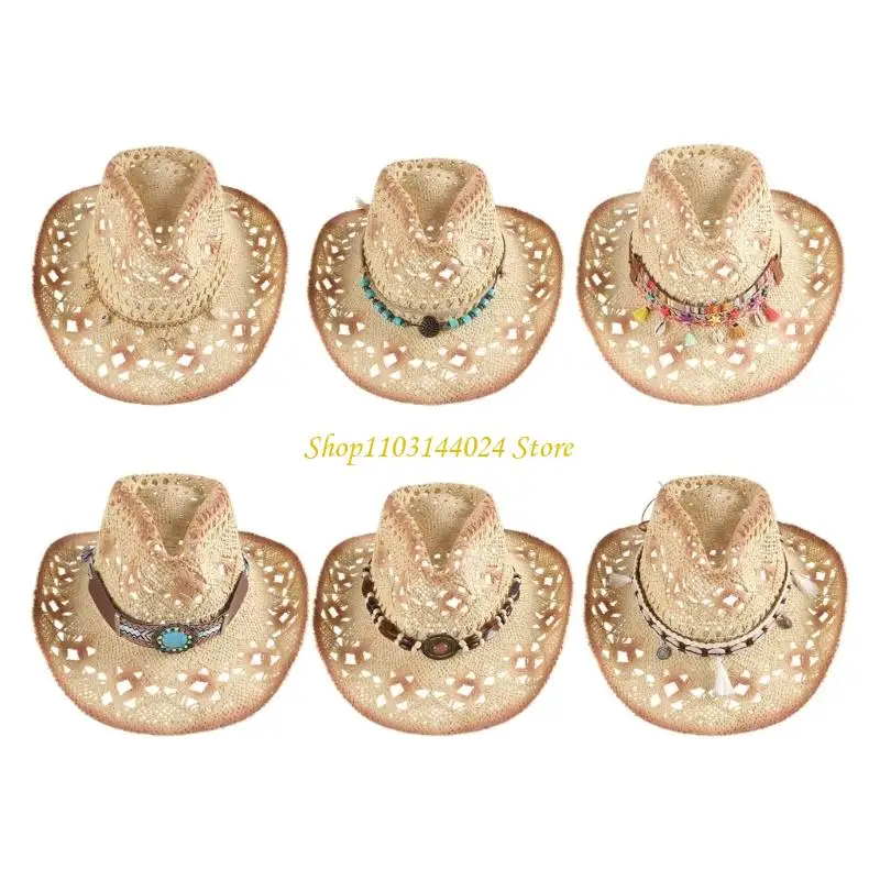 N5KE Braided Paper Straw Cowboy Hats Wide Brimmed Openwork Weave Beach Hat For Outdoor Multiple Colors
