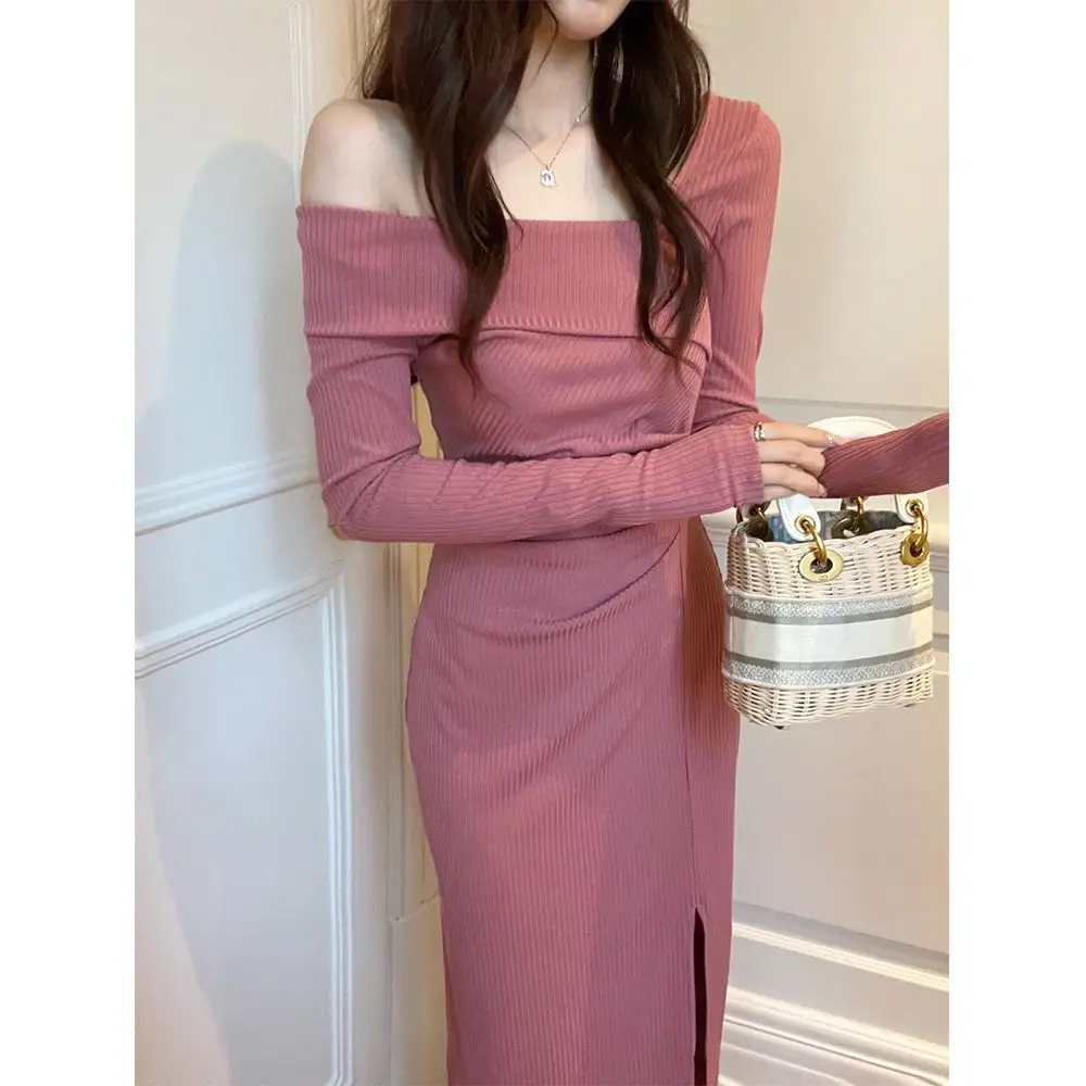 Robe pull tricotée Sexy à col Slash pour femmes, tenue Chic et élégante, manches longues, couleur unie, mi-longue, fendue, tenue de soirée, automne hiver 2023