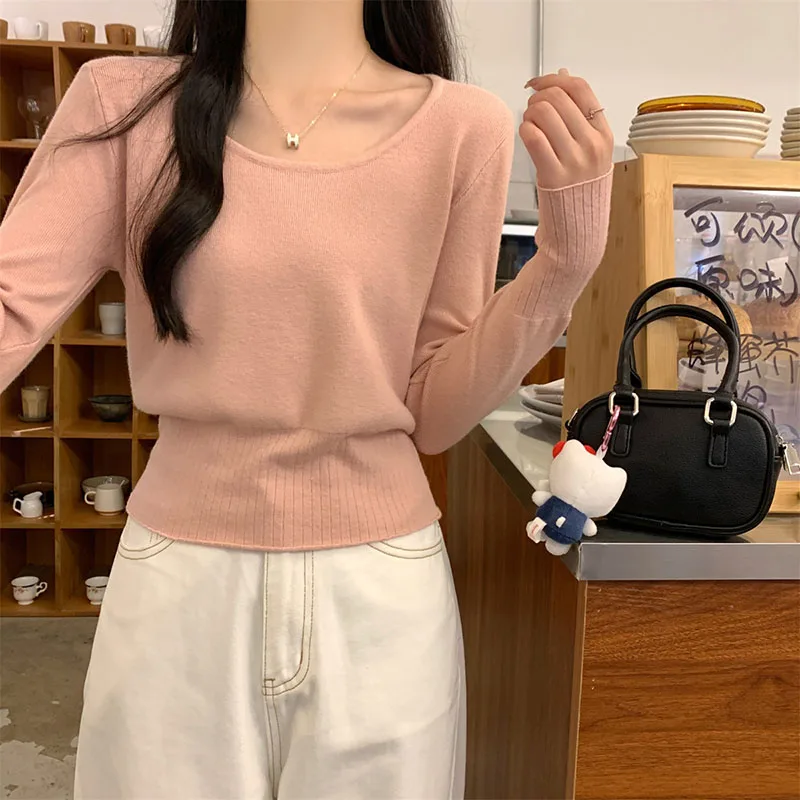 Solid Color Simple Long Sleeve Sweater Woman Korean Round Collar All-Match Short Sweaters Autumn Winter Casual Knit Pullover view 2