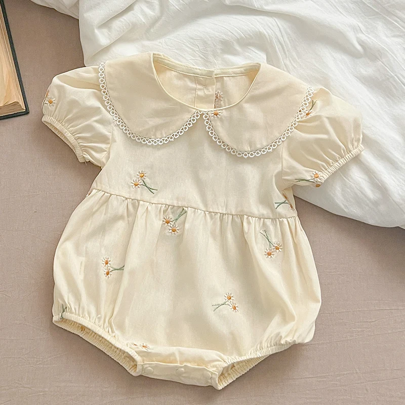 

2024 New Summer 0-24M Children Clothes Toddler Baby Girls Jumpsuit Short Sleeved Cotton Embroidery Infant Baby Girls Bodysuits