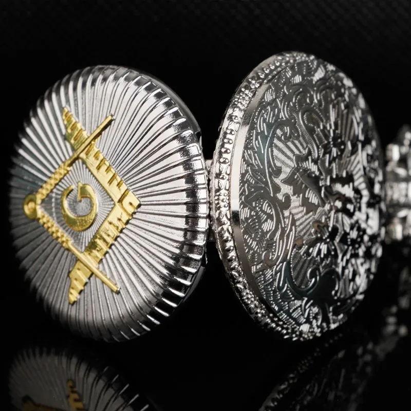 خمر الفضة الماسونية رمز كوارتز ساعة الجيب رائعة خمر قلادة قلادة سلسلة ساعة مجوهرات هدية للرجال النساء