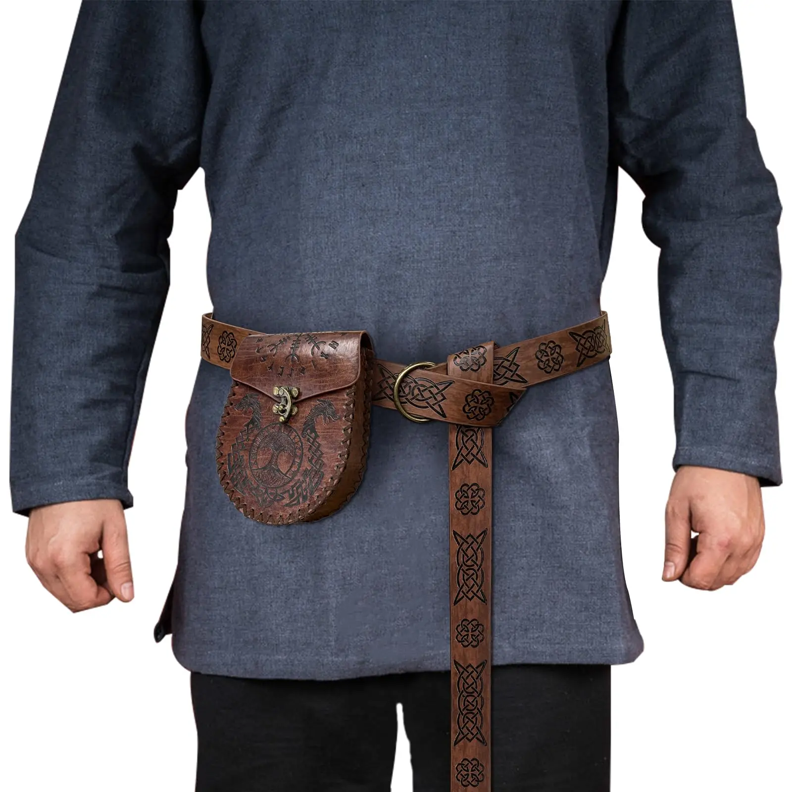 ชุดเข็มขัดสไตล์ไวกิ้งยุคกลาง 2 ชิ้น/ชุด สำหรับทุกเพศ ทำจากหนังลายนูน กระเป๋าคาดเอวสไตล์เรเนซองส์ อุปกรณ์เสริมสำหรับอัศวิน ชุดแฟนซีฮาโลวีน