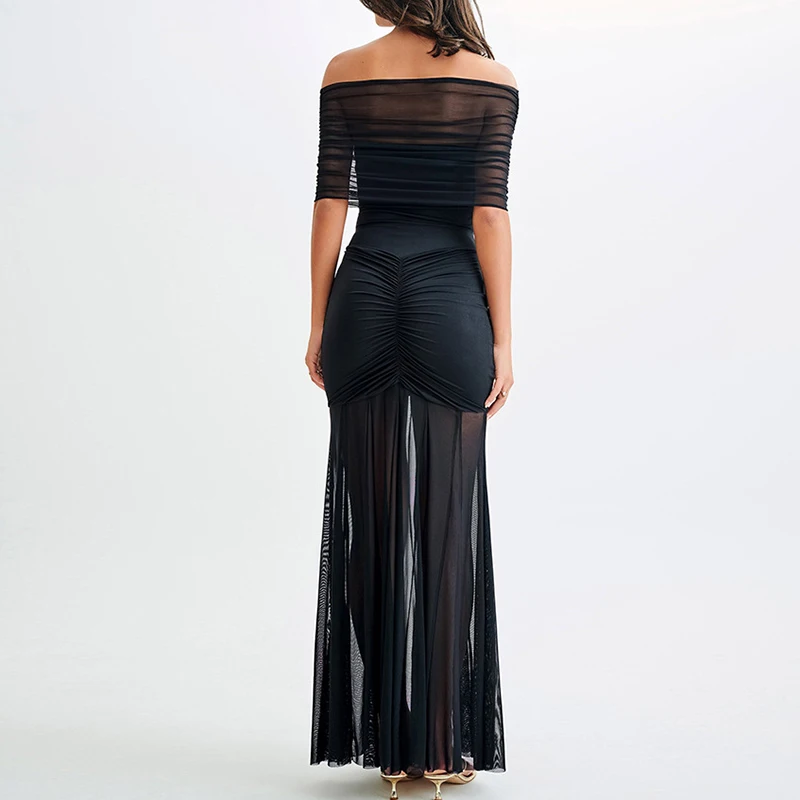 Fashion Strapless Patchwork Slim Party Dress Lady Sexy Off Shoulder Pleated Long Dress Elegant Sleeveless High Waist Dress Mujer