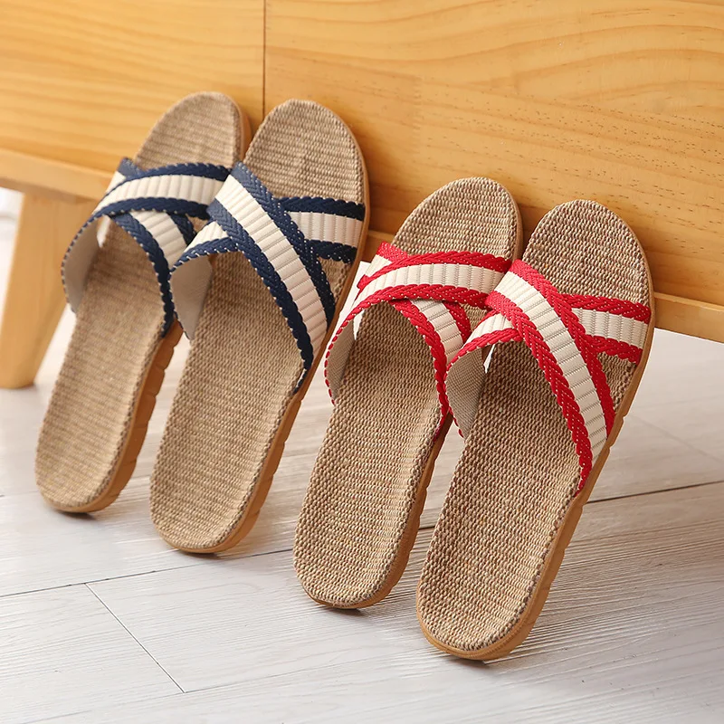 Four Seasons Men Couples Slip On Stripe Flat Slides Indoor Home Slippers Fashion Comfortable Beach Shoes Sandals Shower Zapatos