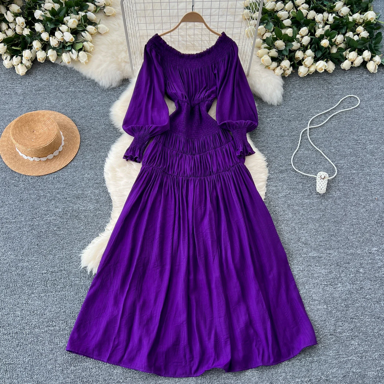 Vintage Slash Neck Basics Long Lantern Sleeve Chic Pleated Slim Split Dresses French Evening Women High Street Autumn Clothing