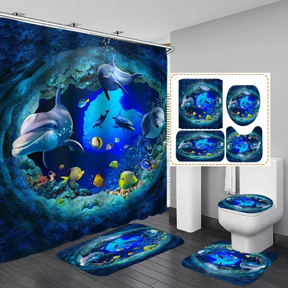 3D Oceaan Ontwerp Dolfijn Waterdichte Stof Badkamer Gordijn Blauw Douchegordijnen Set Antislip Tapijten Wc Deksel Cover Badmat