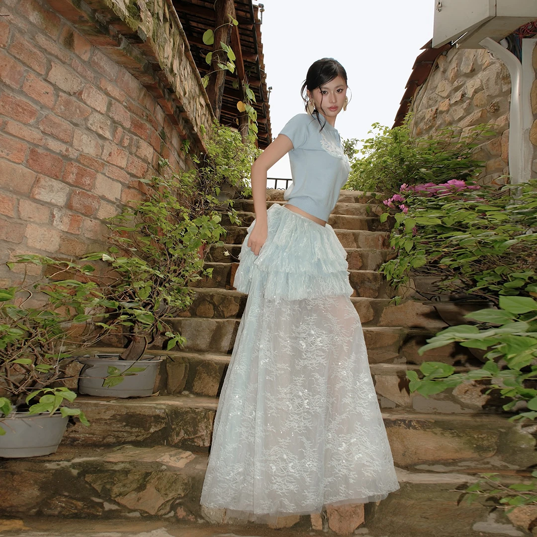 

Pretty Shiny Light Blue Lace Tulle Skirts Unique Summer Casual Skirt Maxi Skirt Boho Pretty Ever Skirt Women Jupe demi - corps