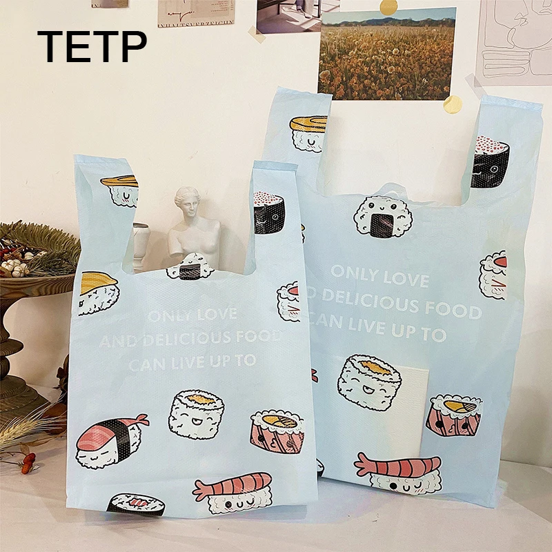 TETP-bolsas de compras azules con impresión, 50 piezas, para supermercado, Sushi hecho a mano, bolas de arroz, embalaje para llevar, para pequeña empresa