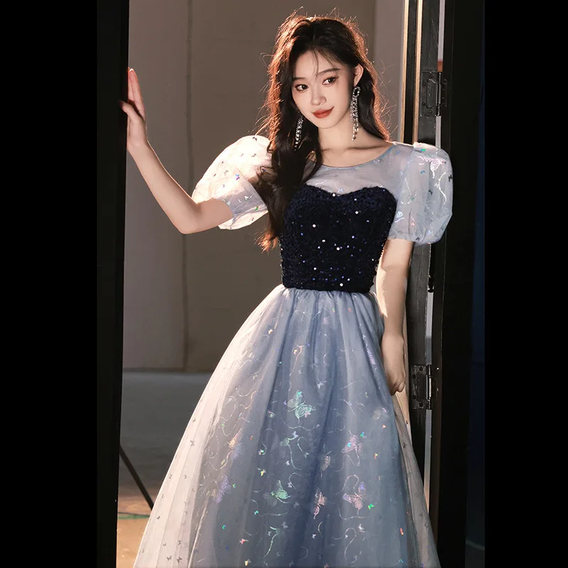 Bling azul vestido de noite brilhante borboleta lantejoulas mangas puff vestido de princesa doce contraste cor vestidos quinceanera 2025