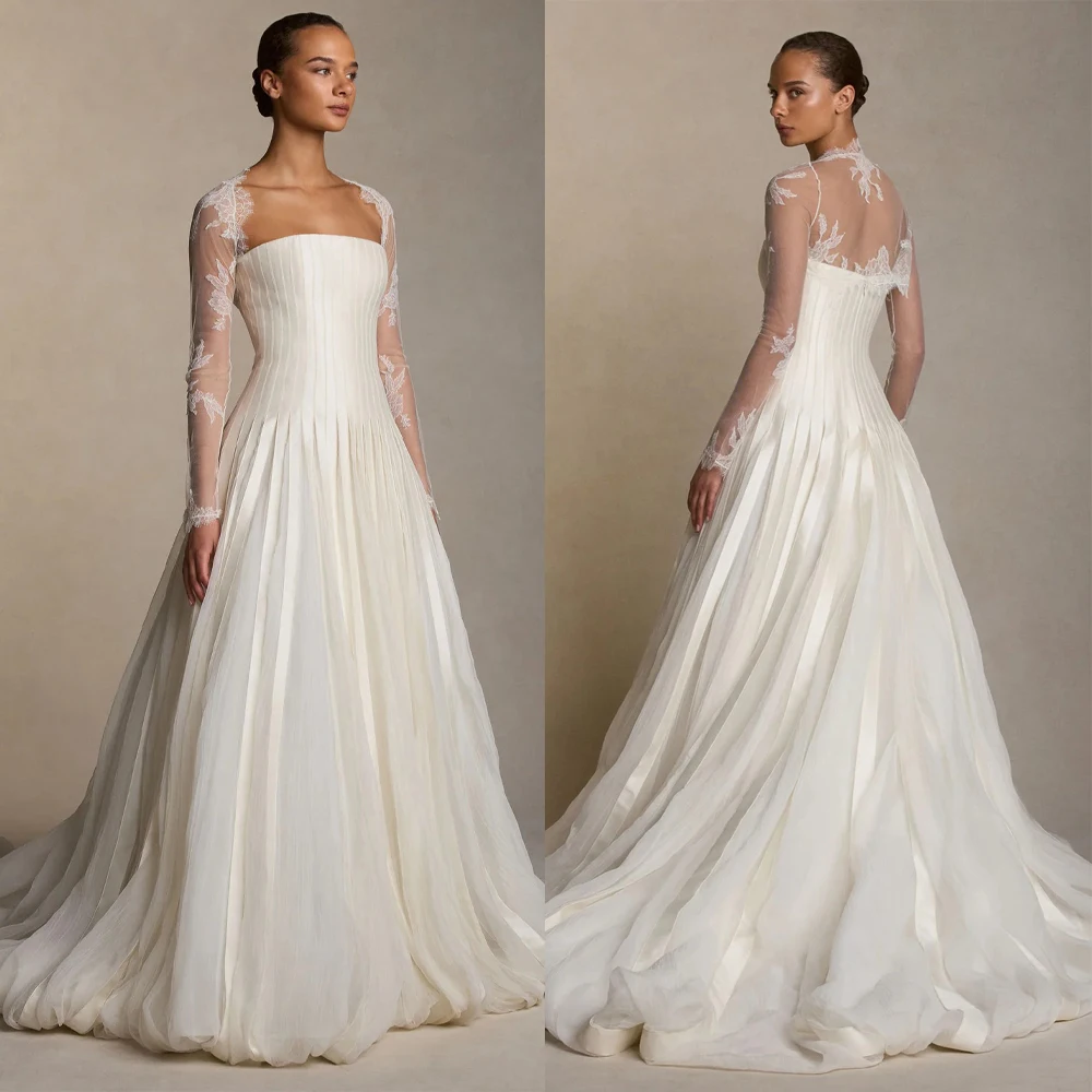 Elegant A Line Wedding Dresses with Jacket Appliques Lace Long Sleeves Bridal Gowns Customized Button Back Sweep Train Vestidos