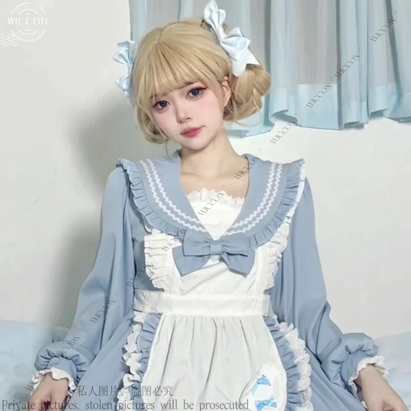 

Женский наряд горничной Лолита, косплей, сексуальный кавайный костюм для кафе, униформа, фартук, платье, милый бант, розовый, синий, рождественский подарок, ролевая игра; 6 дюймов, 8