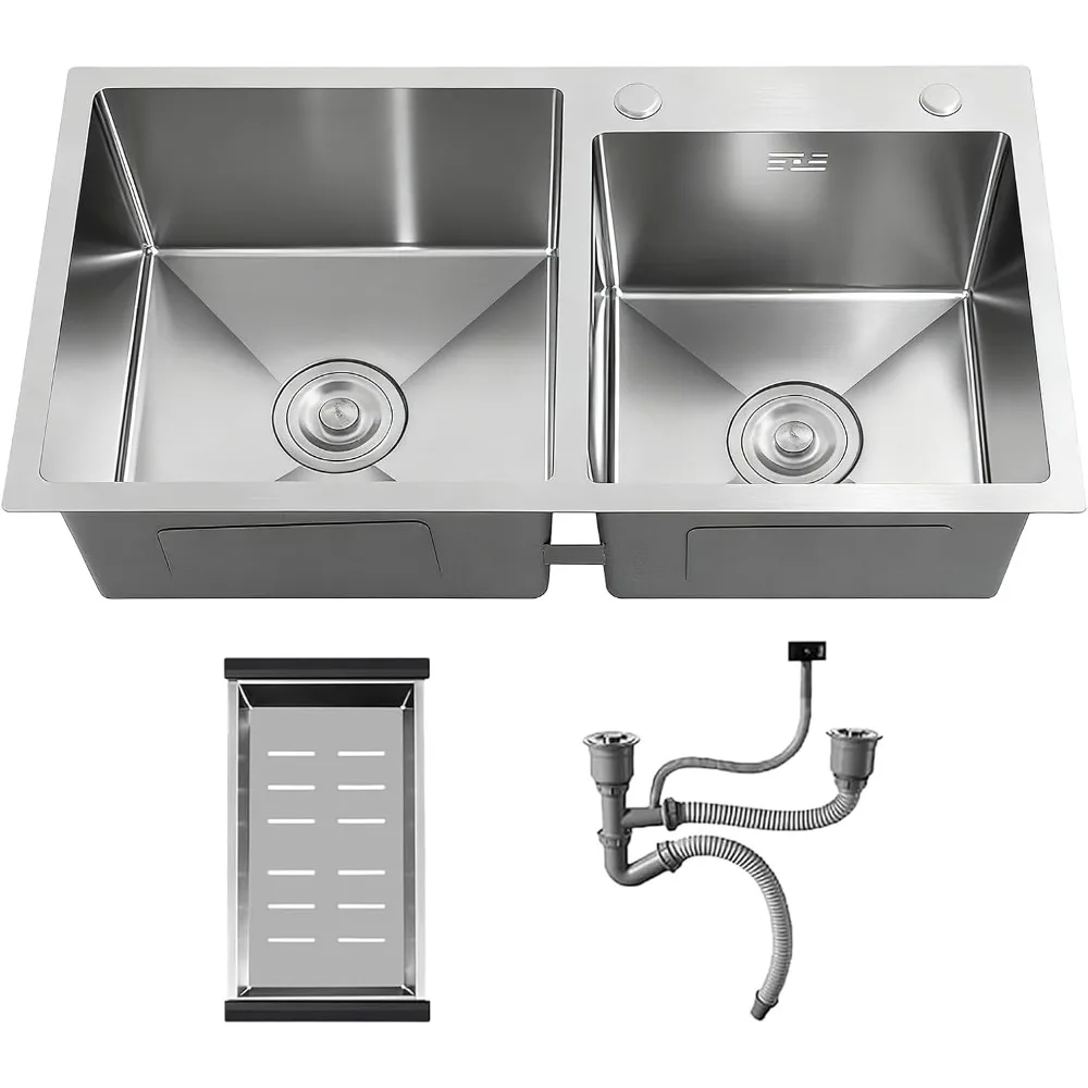 

30 Inch Dual Bowl Stainless Steel Kitchen Sink with Nano Coating, Drain and Fruit Basket Included