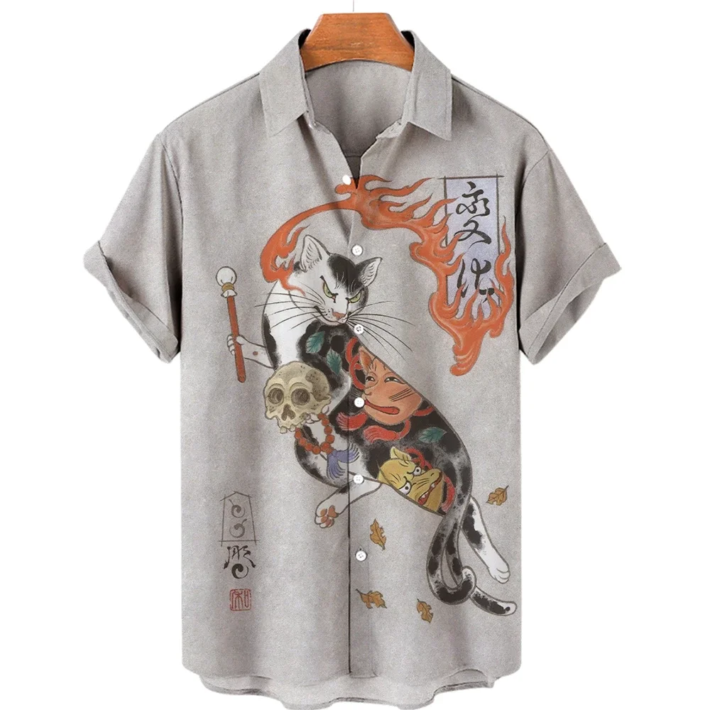 Japanese Art Samurai Cat Pattern Print Short Sleeve Shirt Men\'s Casual Comfortable Top Lapel Button-Down Shirt