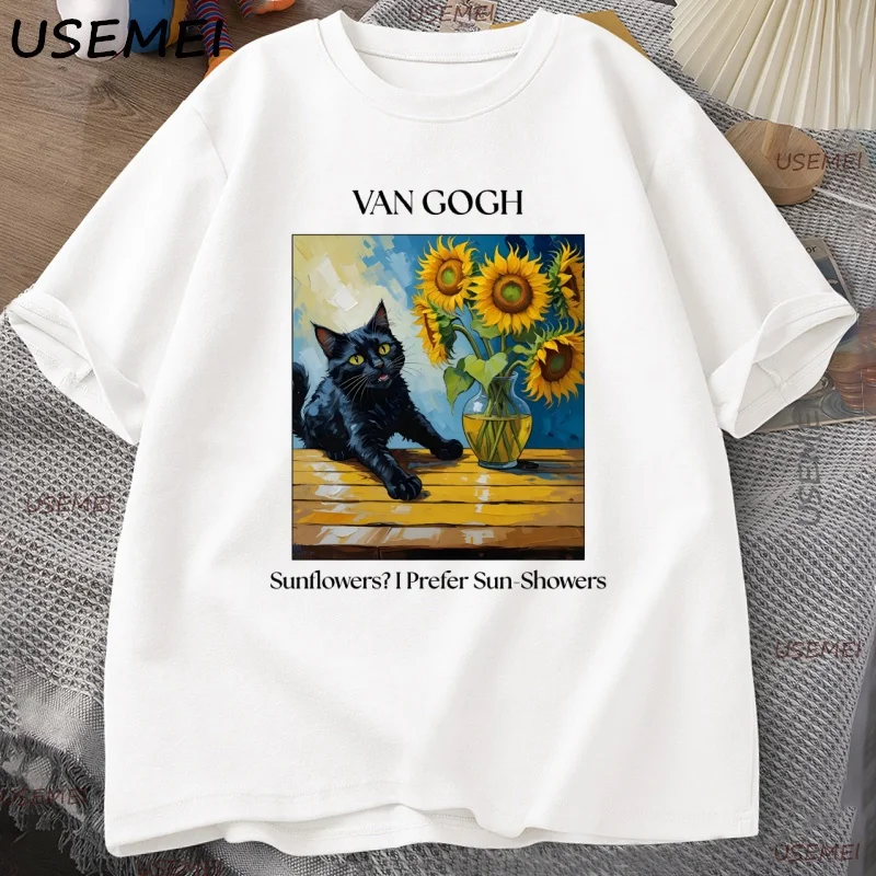

Футболка с котом Ван Гога для мужчин и женщин, винтажные забавные футболки для любителей кошек, повседневная хлопковая футболка с круглым вырезом и короткими рукавами, свободная одежда Y2k