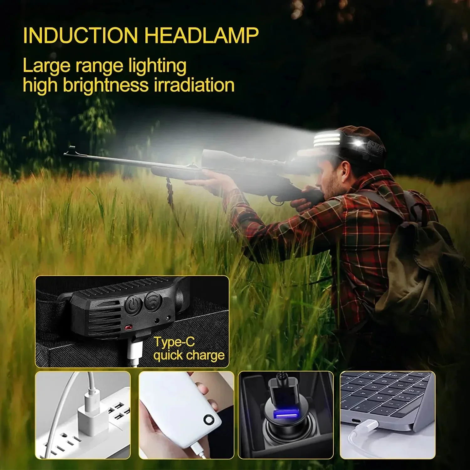 Induction LED Headlamp COB Wide Beam Wave Sensor Flashlight With Three Light Source USB Rechargeable Running Camping  Head Torch