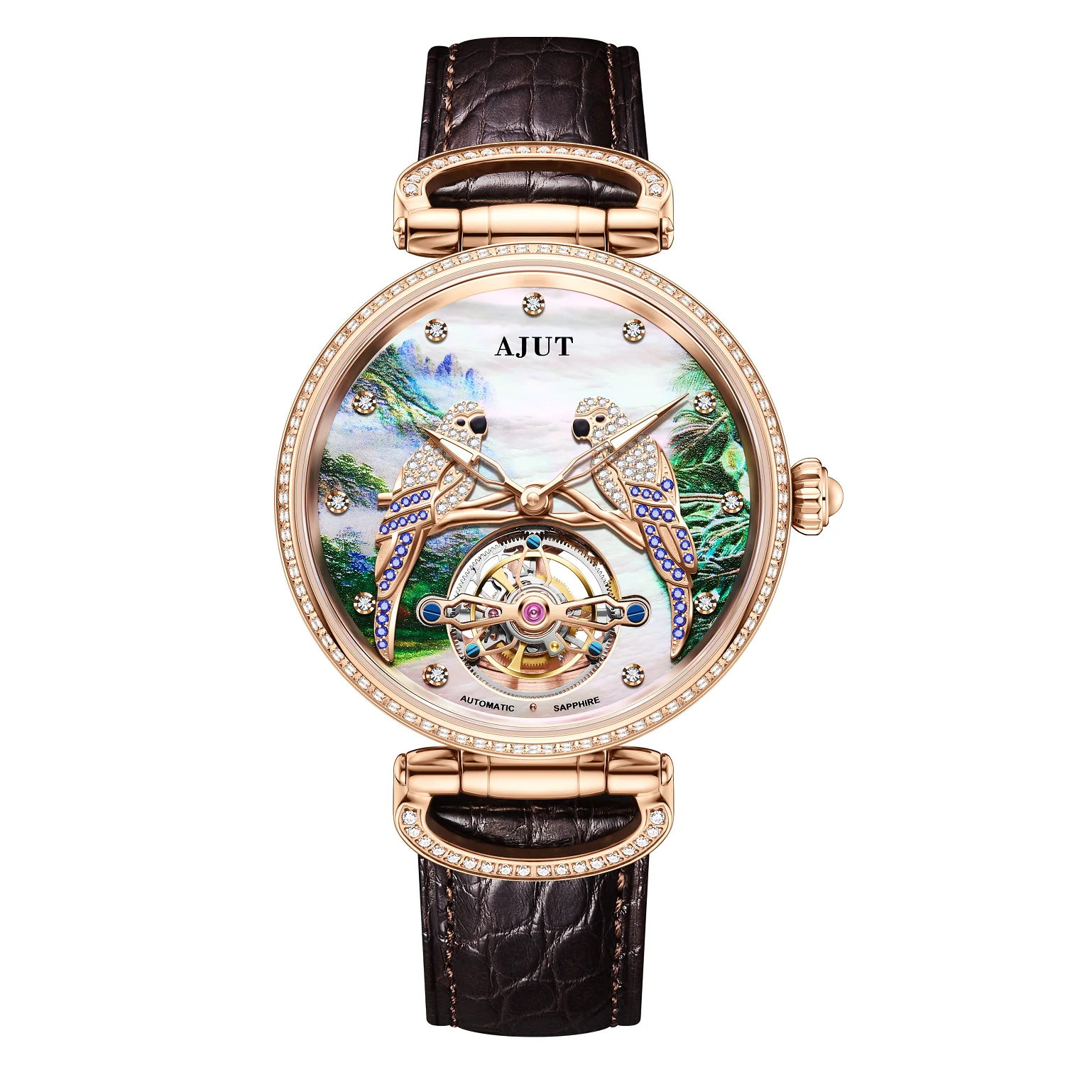 AJUT Tourbillon Orologio meccanico automatico da uomo Diamanti in rilievo Pappagallo intarsiato Zircone Orologi da polso Tourbillon a carica automatica 0327