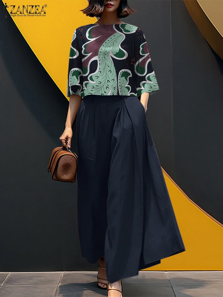 Summer Pant Sets 2pcs Women Tracksuits Casual Loose Work Matching Sets ZANZEA Bohemain Female Blouse Wide Leg Trousers Suit