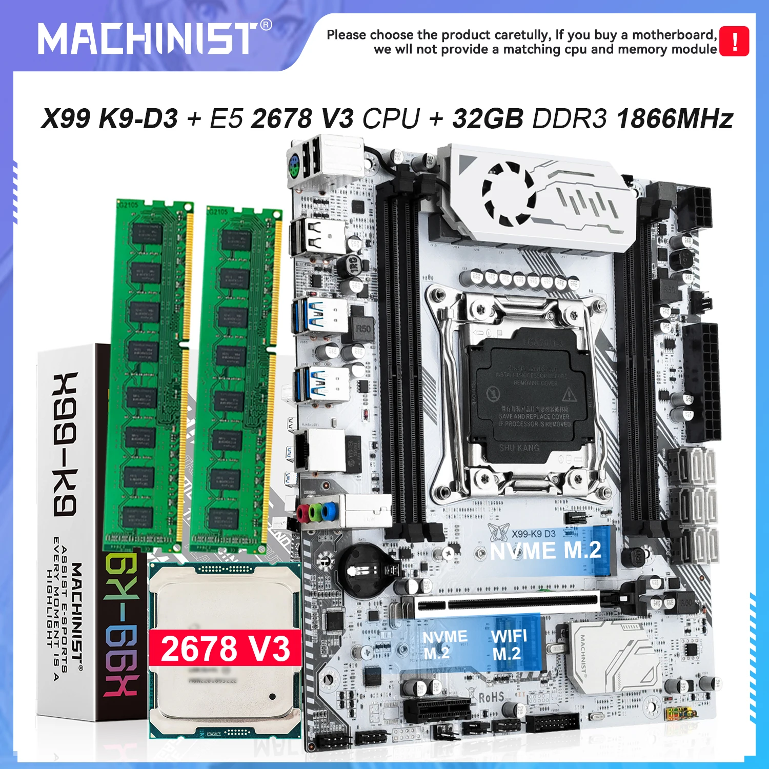 

K9D3 MACHINIST X99 Motherboard LGA 2011-3 optional kit with Intel Xeon + E5 2678 V3 processor 32GB DDR3 1866MHz RAM M-ATX usb3.0