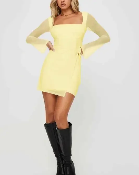 

New Women's High-End Flared Sleeve Mesh Spicy Dresses Female Daily Clothing Sweet Sexy Beautiful and Exquisite Elegant Dress