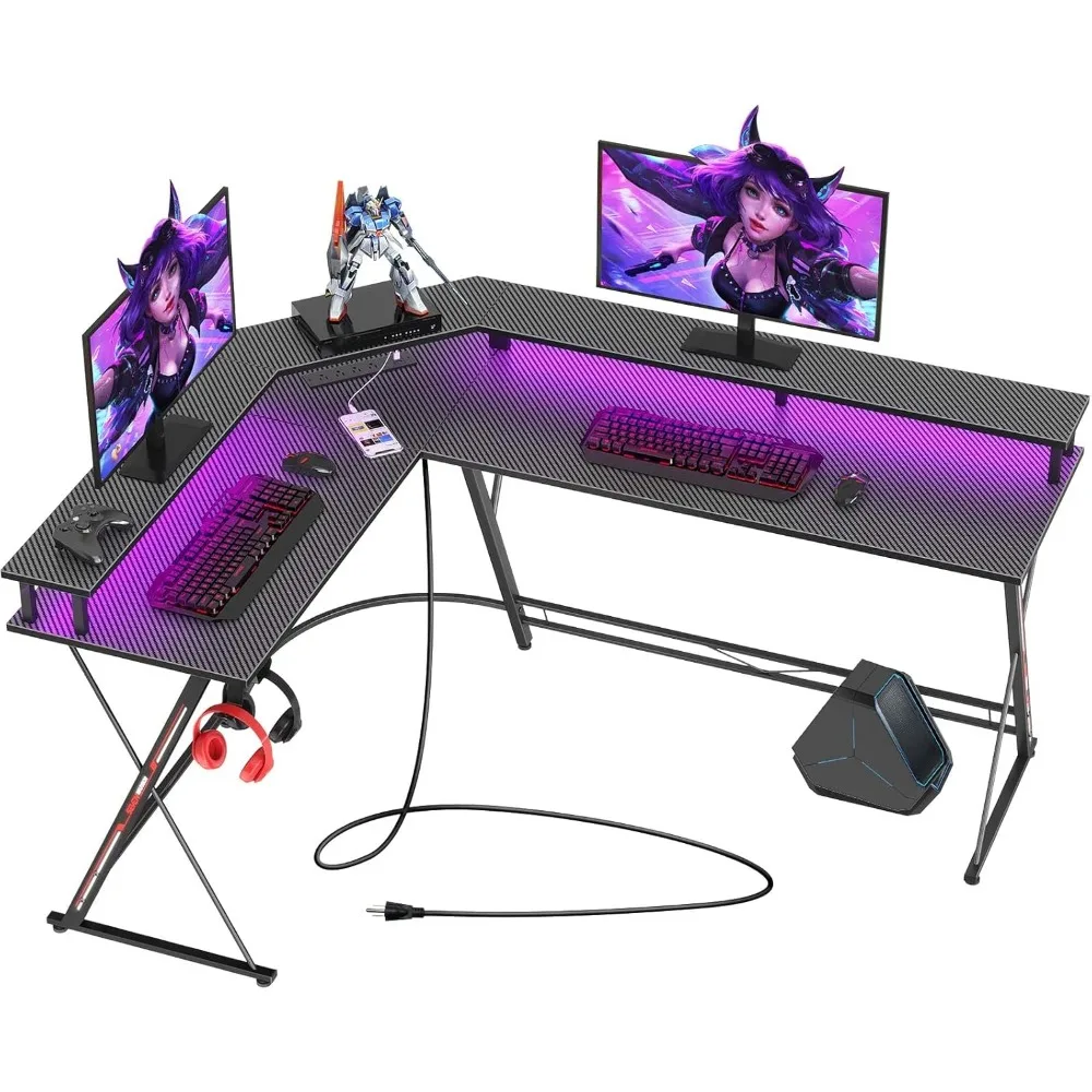 

L Shaped Gaming Desk with LED Lights & Power Outlets, 58” Computer Desk with Monitor Stand, Corner Desk with Carbon Fiber Surfa