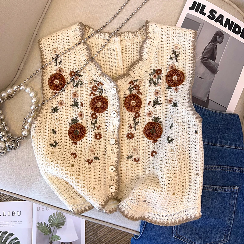 Colete Tricotado Feminino com Bordado e Recortes, Moda Casual de Outono, Ajuste Solto em Poliéster