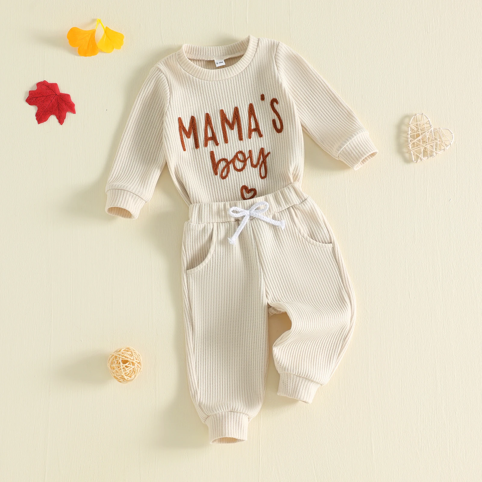 Baby Boy Fall Waffle Outfit Letter Embroidery Long Sleeve Romper Pants 2 Pcs Set Casual Boys Clothing Set