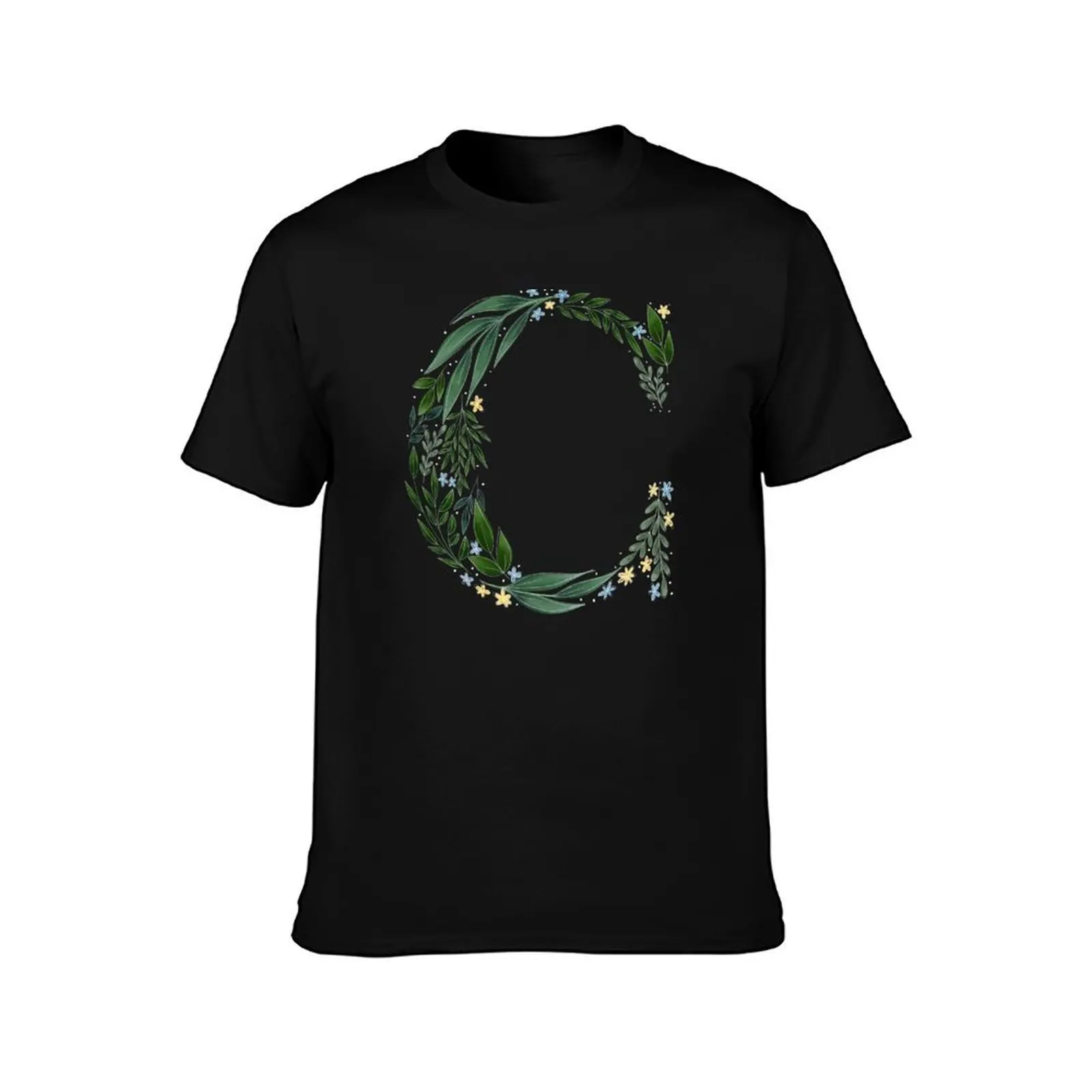 Floral C - Initial C T-Shirt Basic Solid Color Short Sleeve Cotton Top T-Shirt