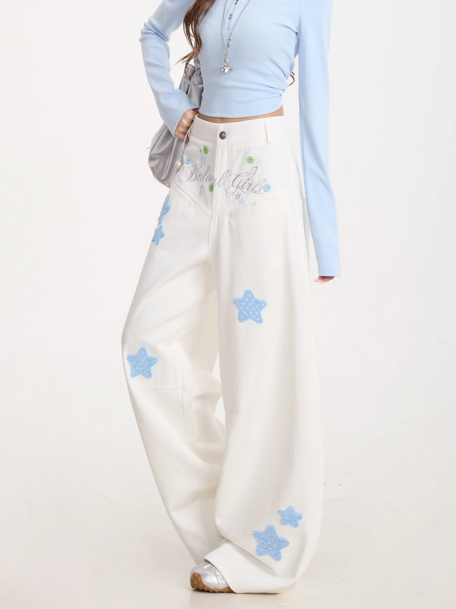 Women's Black White Oversized Wide Leg Jeans Star Embroidery Letter Print Wing Detail Cute Casual Streetwear Ladies Pants