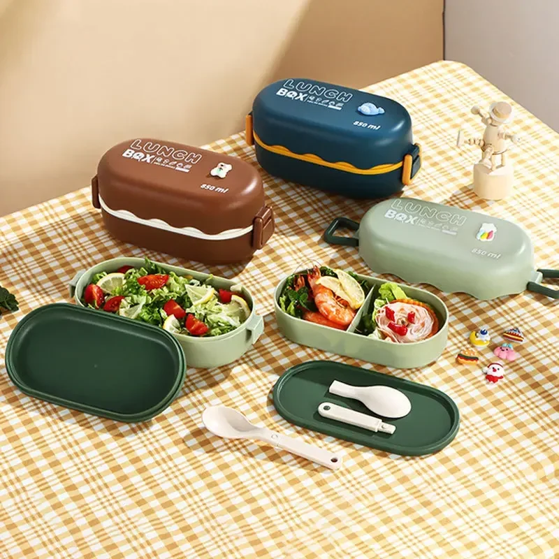 850ML Lunch Box Double-layer Plastic Compartment Lunch Box with Spoon Buckle Leak-proof Food Storage Container Sealed Picnic Box view 4