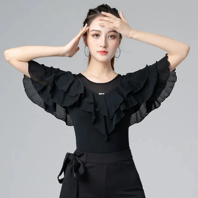 Ruffle Latin Dance Practice Jumpsuit Mesh Waltz Top New Ballroom Girl Jazz Solid Color Competition Costume Female Summer T-shirt