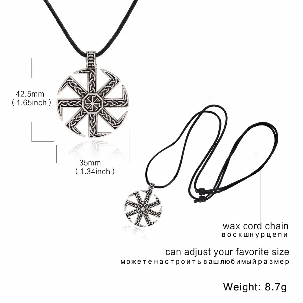 Skyrim Slav Taislman Kolovrat Sun Wheel Pendant Stainless Steel Wax Rope Necklace Vintage Talisman Jewelry Gift for Boy and Girl