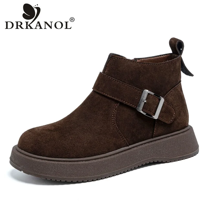 

DRKANOL Autumn Winter Warm Plush Ankle Boots For Women Quality Cow Suede Leather Side Zipper Chunky Platform Casual Short Boots