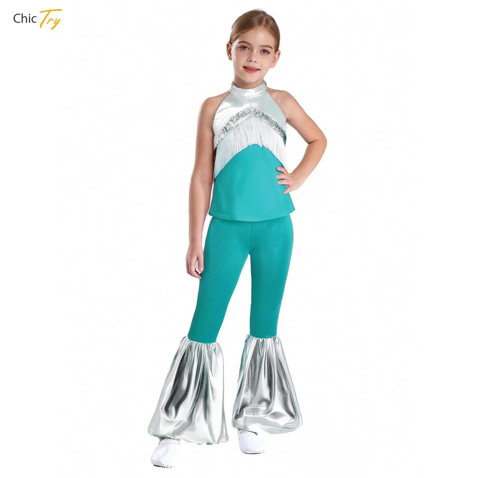 Kinderen meisjes disco sets hippie cosplay outfits prestatie kostuum lovertjes halter top met wijde pijpen broek voor jaren '70 themafeest