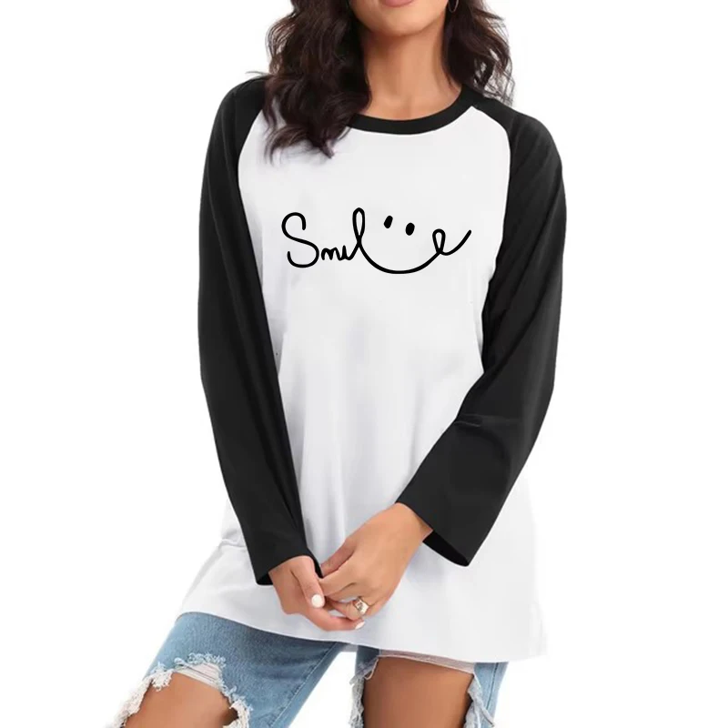 Long Sleeve Crew Neck T Shirt for Women with Smile Lettre Print Y2k Tops Tees Vintage Tshirt Women's Casual All Seasons T-Shirt