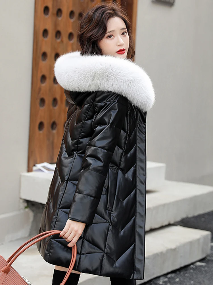   เสื้อโค้ทหนังแท้ Ning สำหรับผู้หญิง ความยาวปานกลาง แต่งขนเฟอร์ที่คอ  ขนแกะแท้  แบบสวมใส่ไปทำงาน  ปิดด้วยซิป