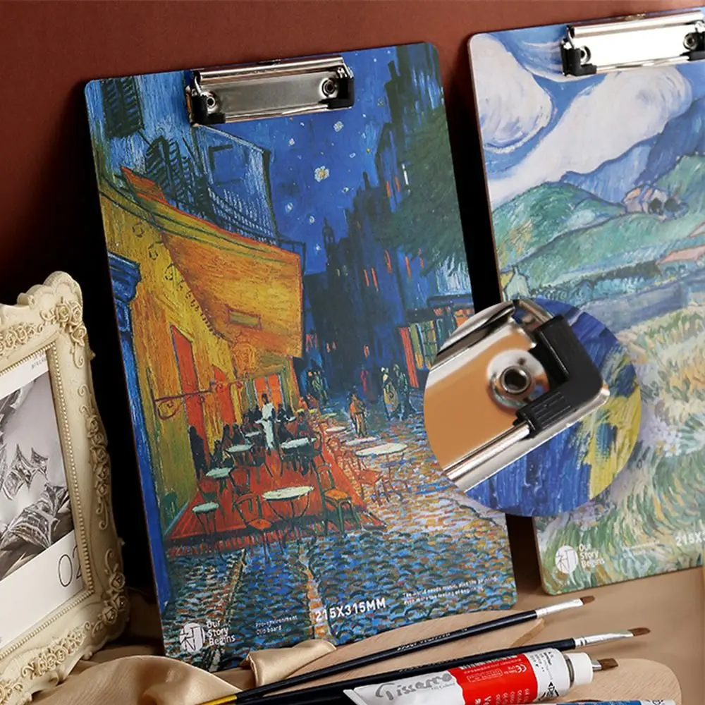 LOW PROFILE คลิปทอง A4 แฟ้มโฟลเดอร์ Van Gogh ภาพวาดเอกสารโฟลเดอร์กระดาษ Organizer Writing Pad เขียนแท็บเล็ต