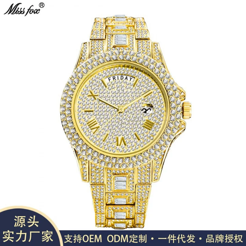 

Official brand free shippingHot Selling Fashion High-End Double Calendar Business Full Diamond QuartzhiphopMen's Watch