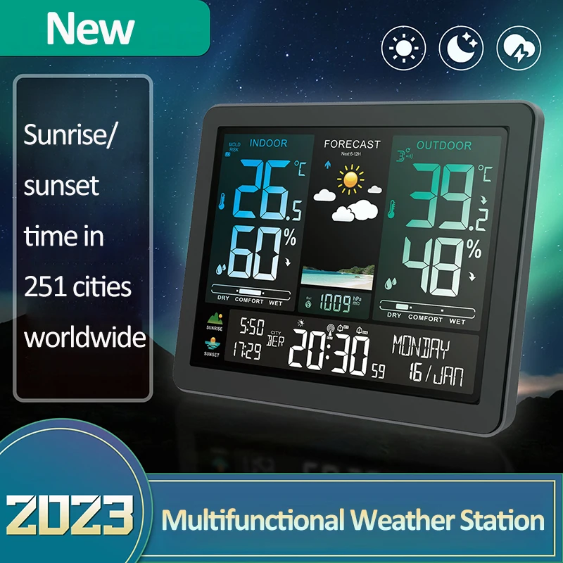 Wireless Weather Station Outdoor Indoor Multifunctional Thermometer Hygrometer with Sensor Color Screen Weather Forecast Clock