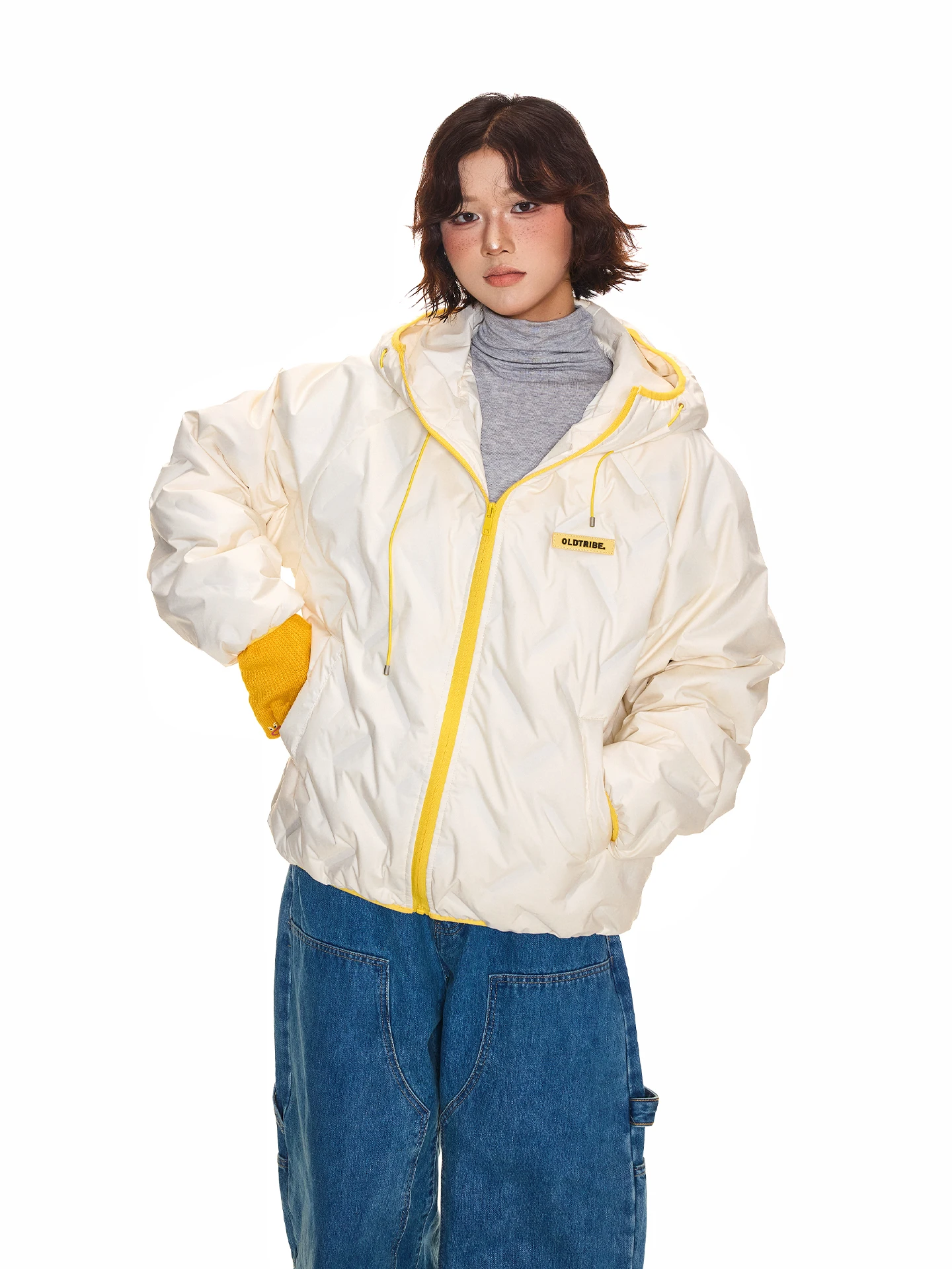 

Chen Zhanlao Store American Retro Color Blo Simple Hooded down Jaet Winter White Du down Warm Thiened Bread Coat