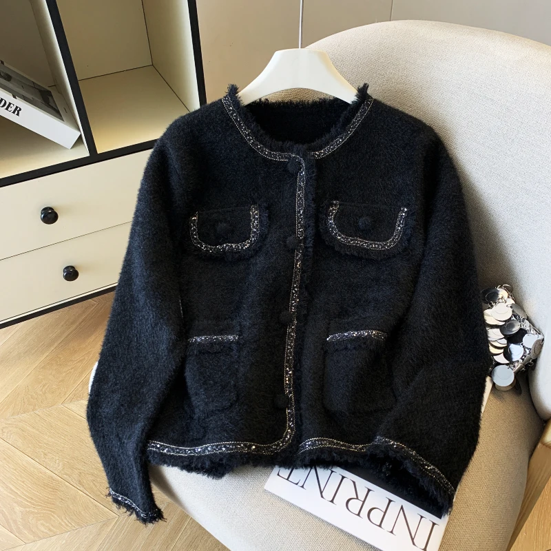 

2025 New Arrival Small Fraance Sle Mink Velvet Outerwear Spring Autumn Women's Cardigan High End Knitted Sweater