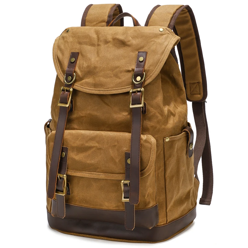 KOOGER New Fashion Men's Backpack Vintage Waxed Canvas Backpack School Bag Travel Bags Large Capacity Travel Laptop Retro Bag