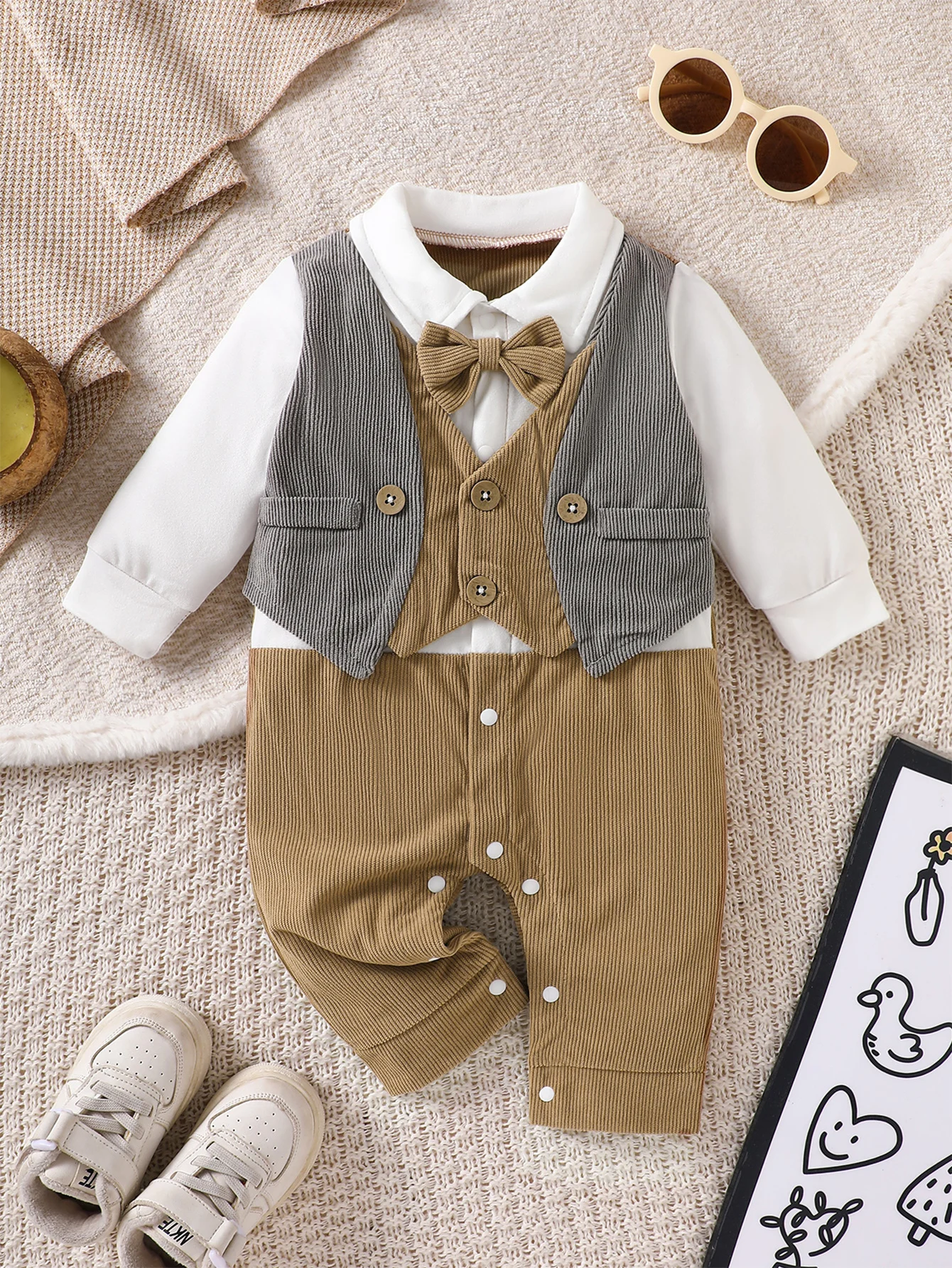 IURNXB Baby One Piece Romper Long Sleeve Fake Vest Suit Corduroy Gentleman Infant Jumpsuit Formal Casual Bodysuit Boys 1-18M