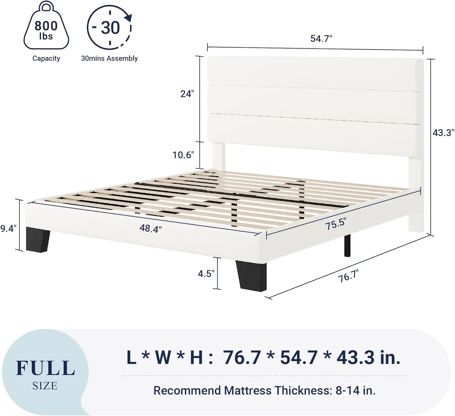 Full Size Platform Bed Frame with Velvet Upholstered Headboard&Wooden Slats Support,Fully Upholstered Mattress Foundation, White