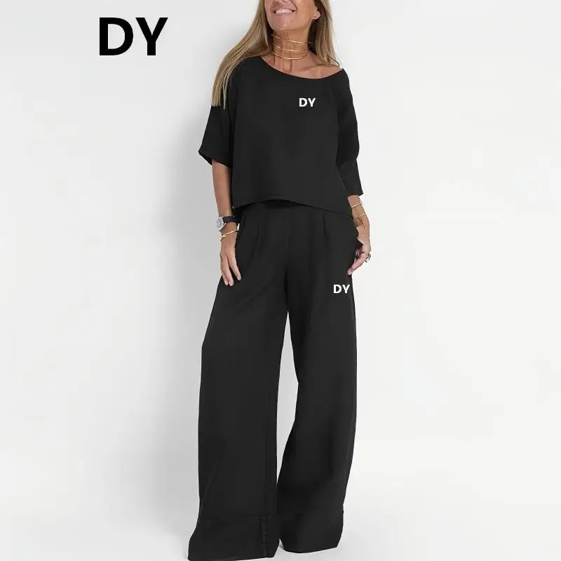 2026 Summer New Style Women's Casual Loose Solid Color Short-Sleeved Cotton-Linen Pants Set Fitness Set Casual Clothing