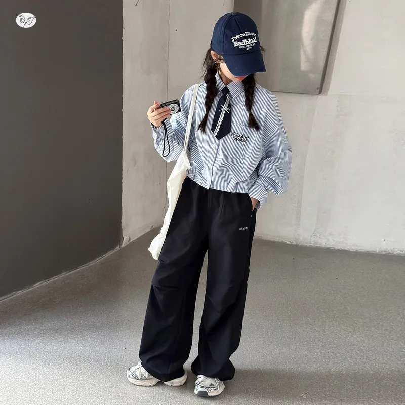 Girls' casual set2026New autumn collection: striped shirt and wide-leg pants set for older children, suitable for spring and aut